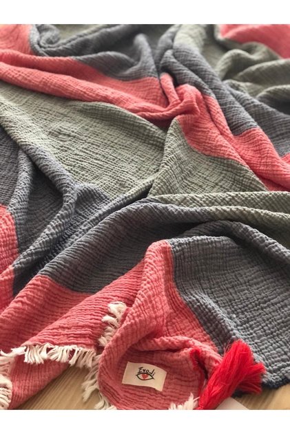 Cozy Skin Throw %100 Pamuk, 4 Kat Müslin, Iplik Boya,yıkamalı, 130x170 Diz Battaniyesi & Koltuk Şalı