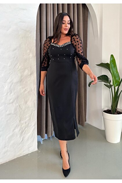 Butik Nilyam Plus Size Pearl Detailed Black Evening Dress with Polka Dot  and Slit - 24123- Trendyol