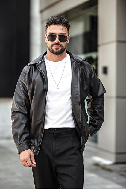 Siyah Erkek Deri Ceket Oversize
