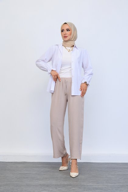Elastic Waist Casual Loose Fit Beige Trousers