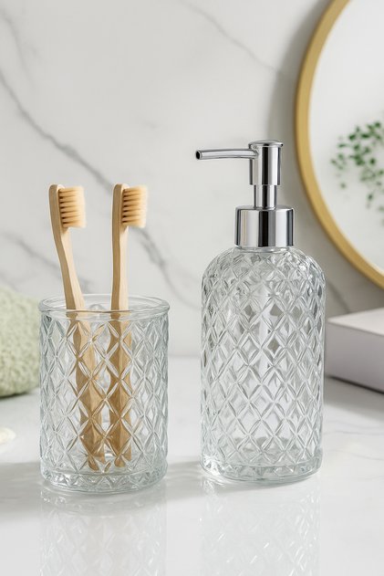 Lara Glass Liquid Soap Dispenser and Toothbrush Holder - 2-Piece Bathroom Set