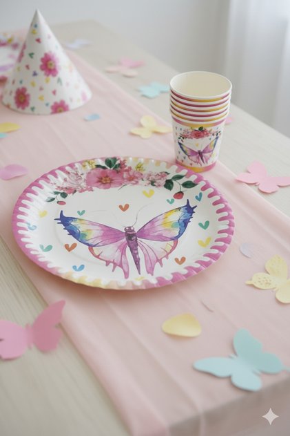 Kelebek temalı Doğum Günü Karton Tabak Bardak 8 Kişilik
