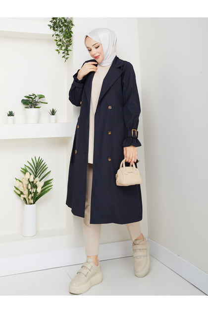 Modest Double Breasted Collar Waterproof Belted Trench Coat Rc1103013
