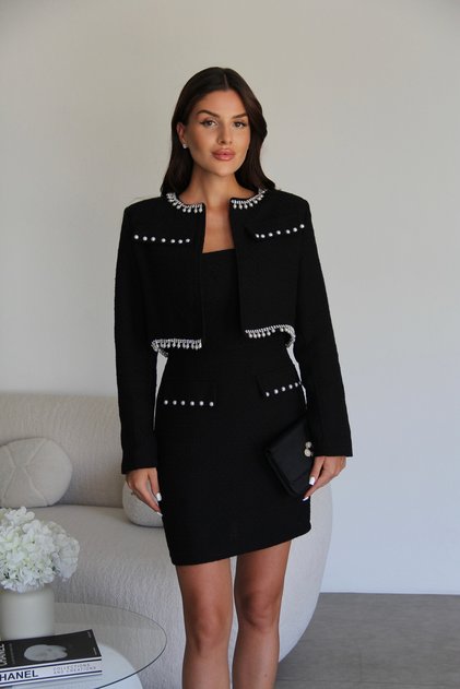 Siyah inci Detaylı Mini Elbise ve Crop Ceket Alt Üst Premium Tüvit Takım