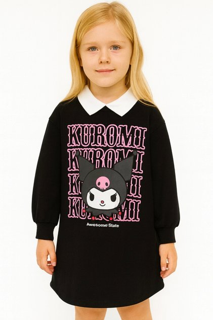 Girl's Kuromi Printed Collar Detailed 100% Cotton Dress