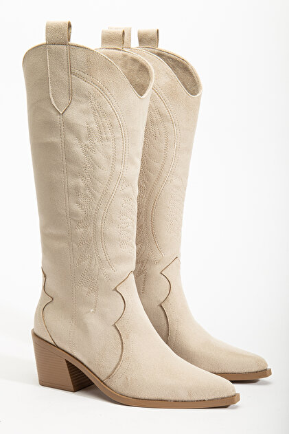 DENORA Cream Beige Mink Nude Matte Suede Embroidered Western