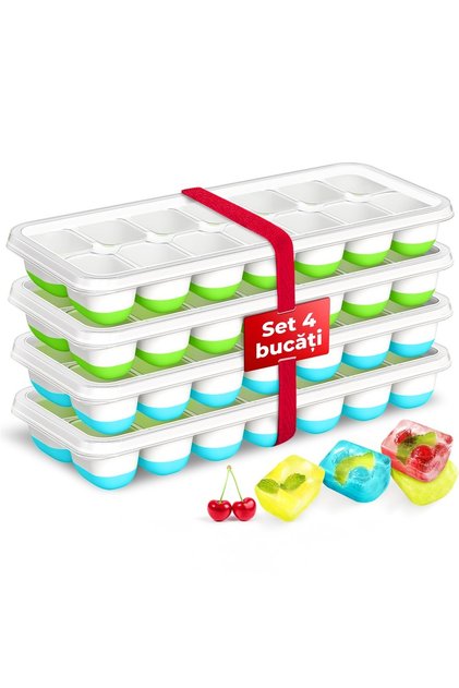 Set de 4 Forme de Gheata cu Capac Bukate®, Reutilizabile, 14 Compartimente, din Silicon, 250x95x25