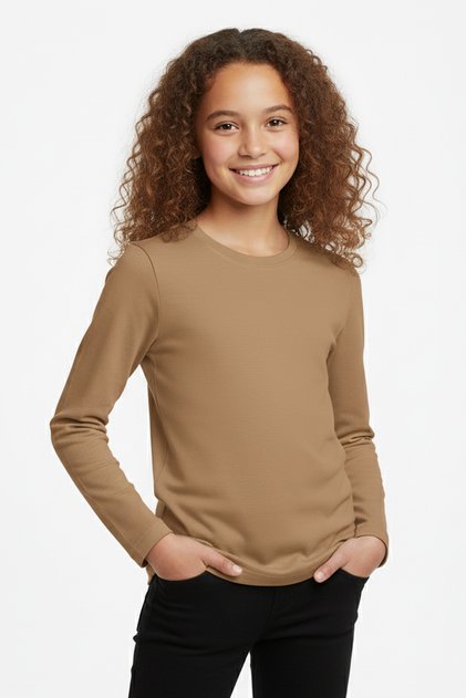 Girls Boys Mocha/Dark Brown Colored Basic Seasonal Long Sleeve T-Shirt
