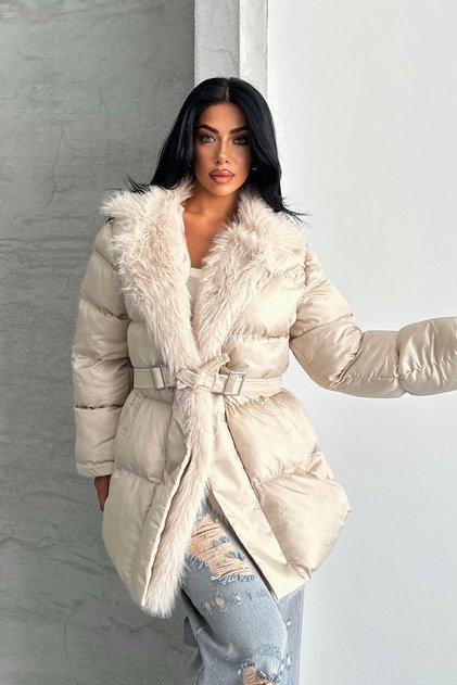 Alessi Beige Long Fur Inside Premium Quality Waterproof Inflatable Women's Coat Suitable for Hijab