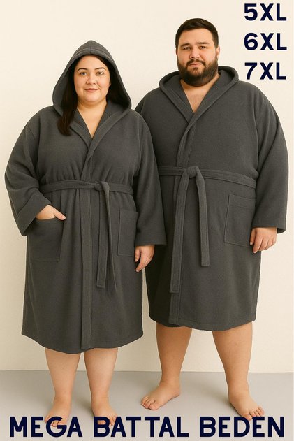 Antrasit Renkli Mega Battal Beden Unisex % 100 Pamuklu Kapüşanlu Lüks Bornoz (5XL-6XL-7XL Beden)