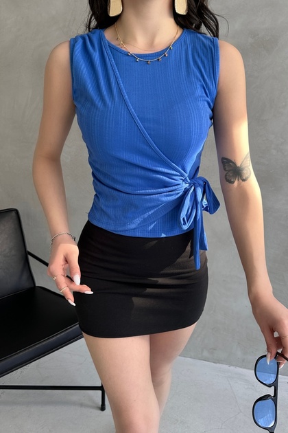 Women's Crew Neck Sleeveless Blouse with Lacing Detail Cobalt Blue