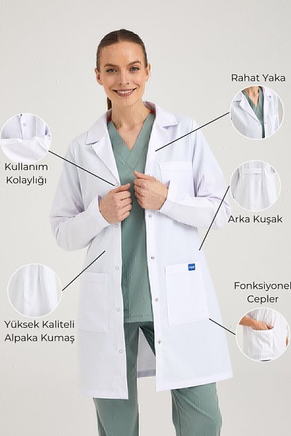 Kadın Beyaz Klasik Yaka Doktor Önlüğü Hemşire Eczacı Öğretmen Laboratuvar- Alpaka Kumaş