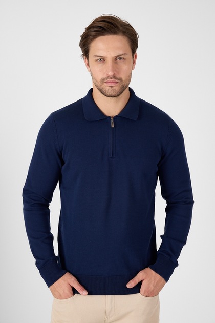 Navy Blue 100% Cotton Men's Half Zipper Polo Neck Knitwear Sweater