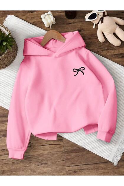 Girl's Minimal Ribbon Printed Pink Hooded Sweatshirt