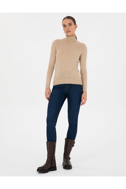 Beige Slim Fit Turtleneck Basic Sweater 50315747-Vr011