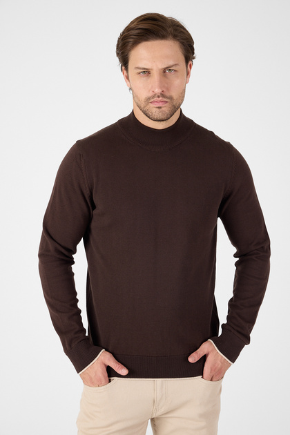 Brown 100% Cotton Men's Half Turtleneck Knitwear Sweater