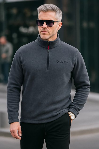 Men's Half Zipper Smoked Slim Fit Fleece Sweatshirt