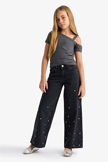 Defacto Wide Leg Geniş Paça Antrasit Kız Çocuk Jean Pantolon