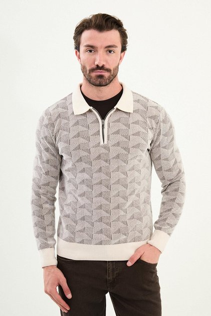 Patterned Slim Fit Zippered Polo Collar Chenille Fabric Men's Knitwear Sweater Ecru - 11555.25K