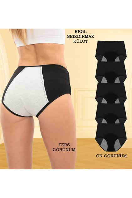 5-Piece Black Women's High Waist Menstrual Panties – Leak-Proof, Comfortable Cut Menstrual Underwear