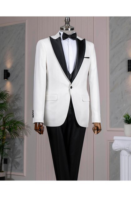 slim fit çıkma yaka ceket yelek pantolon damatlık set beyaz T14539