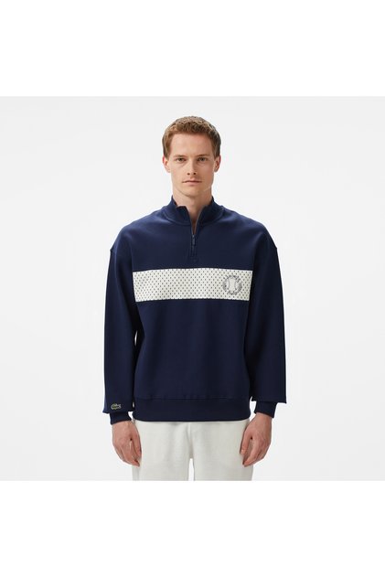 Erkek Loose Fit Yarım Fermuarlı Baskılı Lacivert Sweatshirt