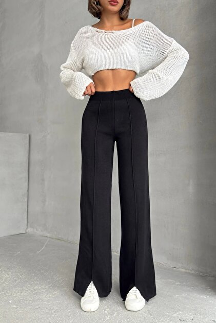 Kadın Siyah Yüksek Bel Şık Şerit Detaylı Geniş Paça Triko Pantolon