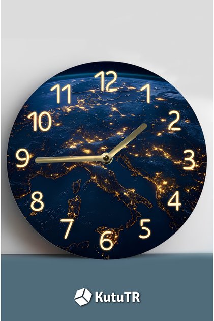 MDF Duvar Saati Gece Işıltılı Dünya Haritası Tasarım – 33x33 cm SDW412