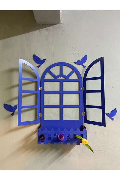Mavi Pencere Temalı Çiçeklik Ahşap Mdf Lazer Kesim 3mm Duvar Süsü