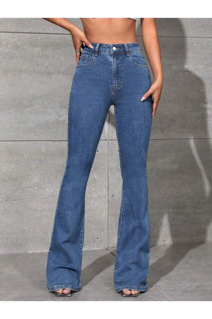 Women's Medium Blue Lycra Flexible Cherry Lycra High Waist Flared Jeans Trousers