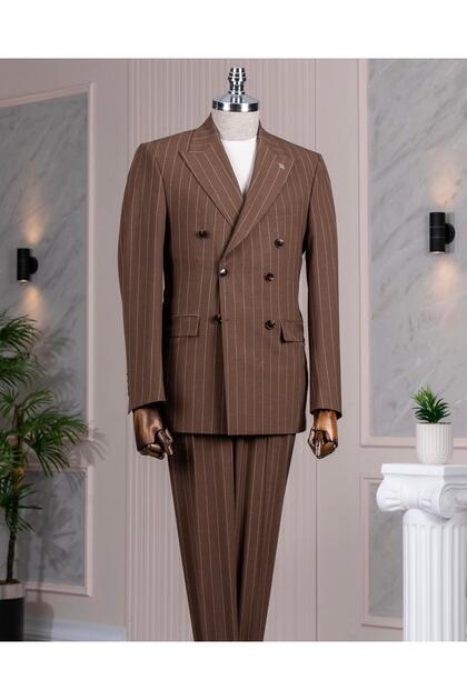 Italian Style Double Breasted Jacket Pant Suit Brown T14134