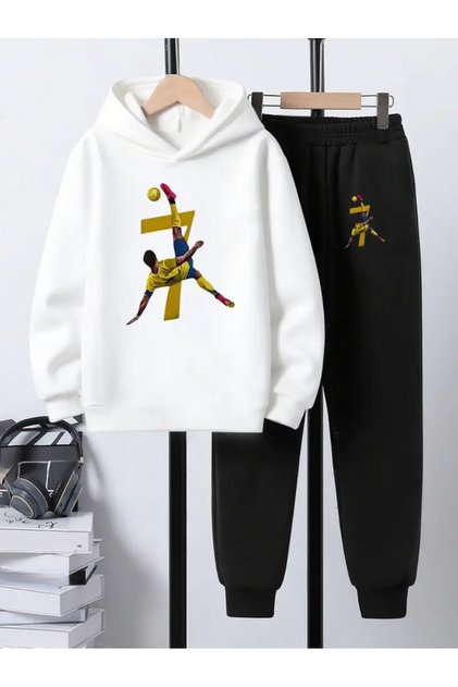Children's Printed Hooded Sweatshirt and Tracksuit Set 3-Thread Brushed Inside for Autumn/Winter