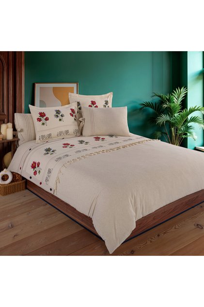 Rose Pattern 200X220 Cotton - Linen Double Stone Print Duvet Cover Set