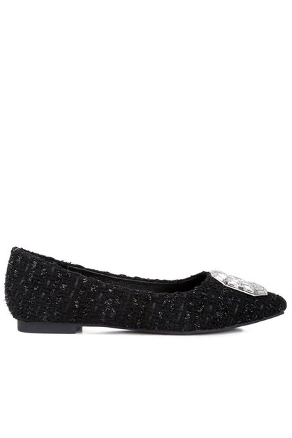 Women Embellished Jewel Buckle Tweed Ballet Flats in Black