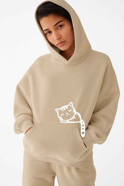 3-Ply Combed Cotton Cat Printed Unisex Hooded Sweatshirt