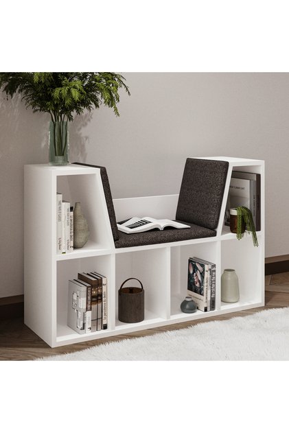 Livora Minderli Kitaplık - Oturma Alanlı 103 cm Minimalist Tasarım Beyaz