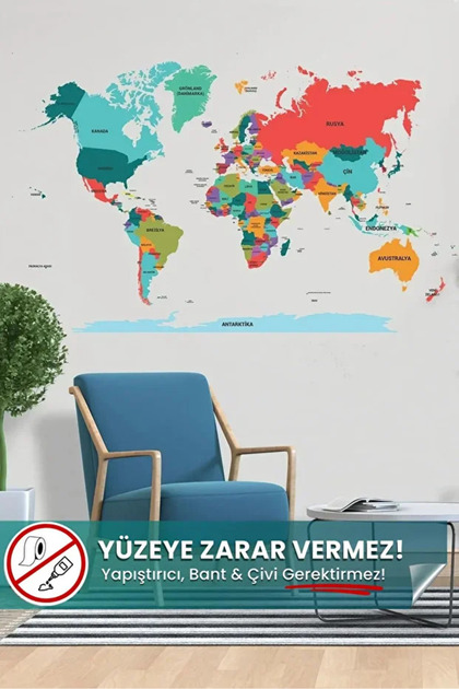 Şeffaf Renkli Dünya Haritası, Yapışkansız Tutunma Özellikli Akıllı Kağıt (Türkçe) 56 x 100