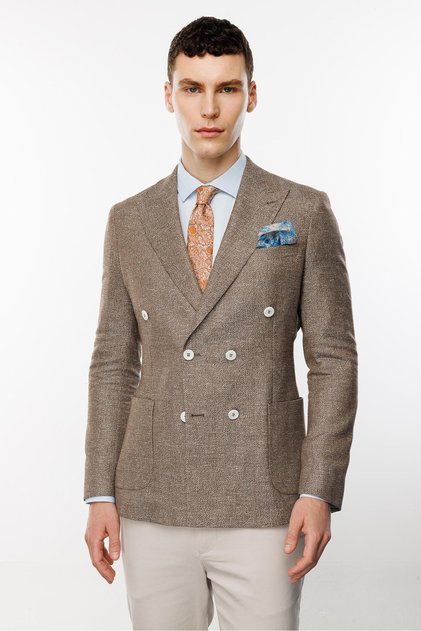 Men's Brown Slim Fit Slim Fit Wide Swallow Collar Patterned Jacket