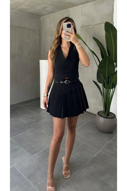 Women's Black Buttoned Sleeveless Vest & Lined Mini Shorts Skirt Bottom Top Set