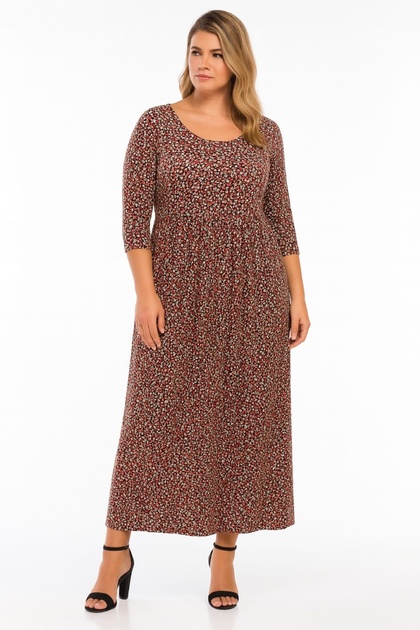 Women's Plus Size Red, Waist Elastic Detail Crew Neck Viscose Pocket Dress 65N39130