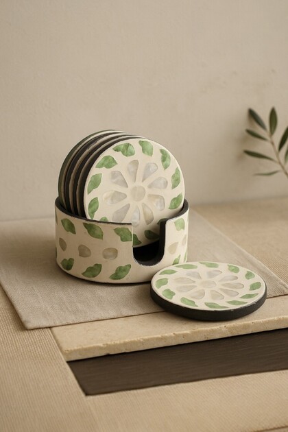 Mosaic Coaster Set of 6 Boxed – Handmade, 10 Cm, Cream-Green