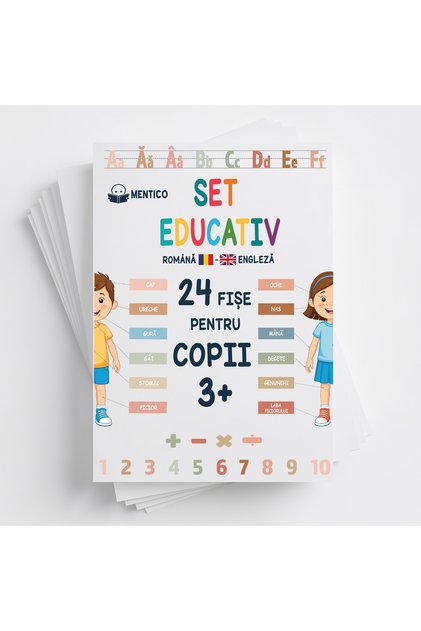 Set Educativ Copii 3+, 24 Fișe A4 Cartonate Bilingve Română–Engleză cu Alfabet și Numere