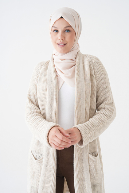 Women's Cream Knitwear Fabric Double Pocket Design Shawl Collar Long Hijab Clothing Cardigan 5001