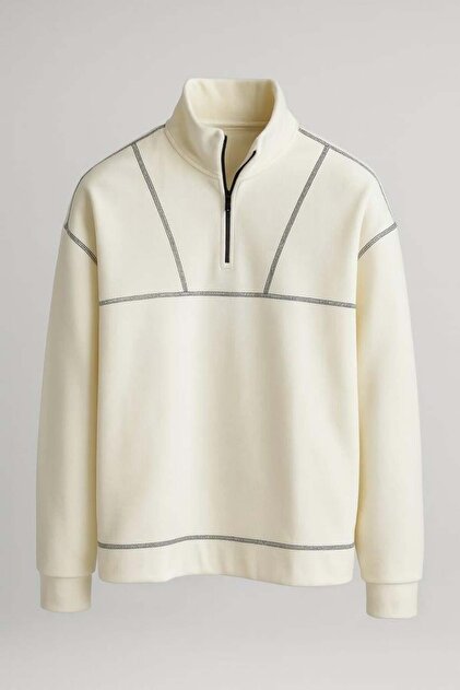 Crowe Stripe Oversize Half Zipper Fleece Men's Sweatshirt - Ecru