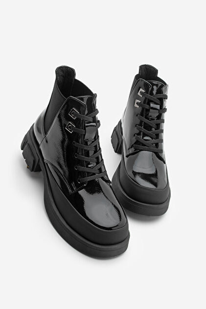 Women's Lace-Up Elastic Thick Heel Sport Short Combat Boots Kenvo Black Patent Leather