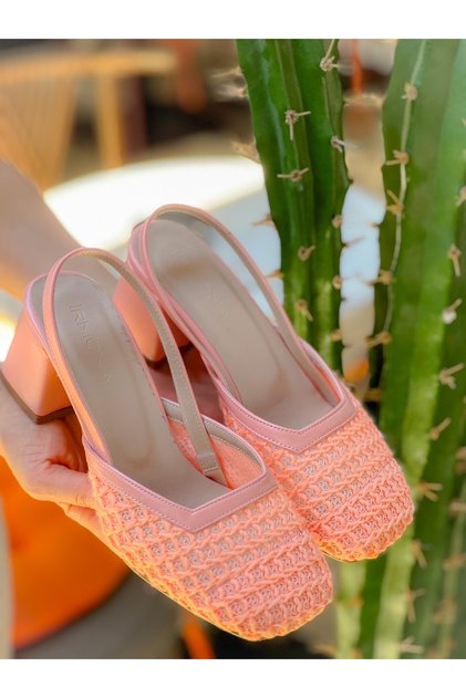 Beron Square Toe Salmon Cloth Detail 5 cm Heel Baillet Shoes