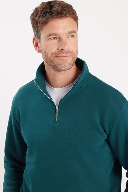 Unisex Relax Fit Rahat Kesim Pamuklu İçi Polarlı Yarım Fermuarlı Yeşil Dik Yaka Sweatshirt