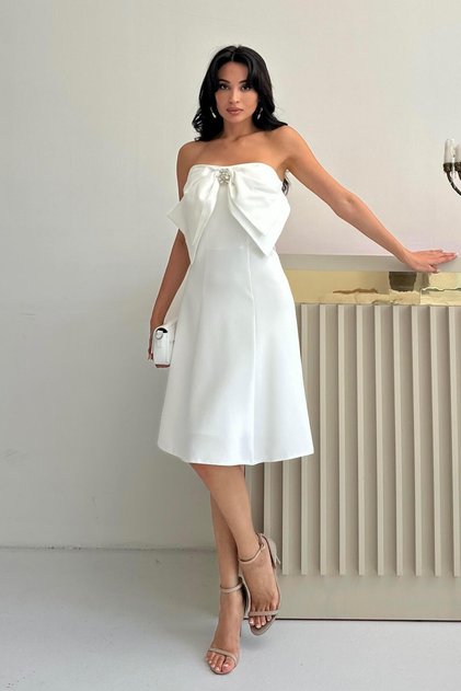 Beyaz Fiyonk Detaylı Mini Abiye Elbise