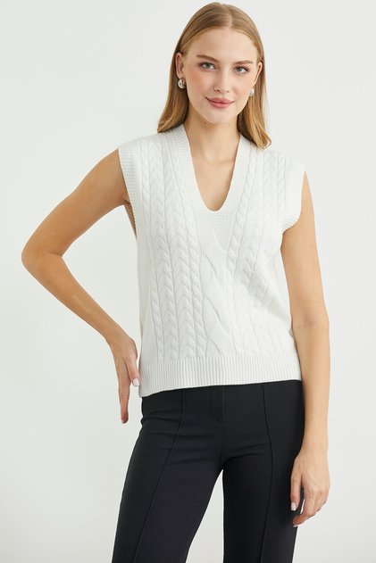 V-Neck Hair Knitwear Sweater - Bone