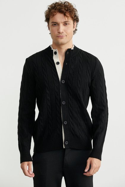 Buttoned Hair Knit Sweater Cardigan - Black